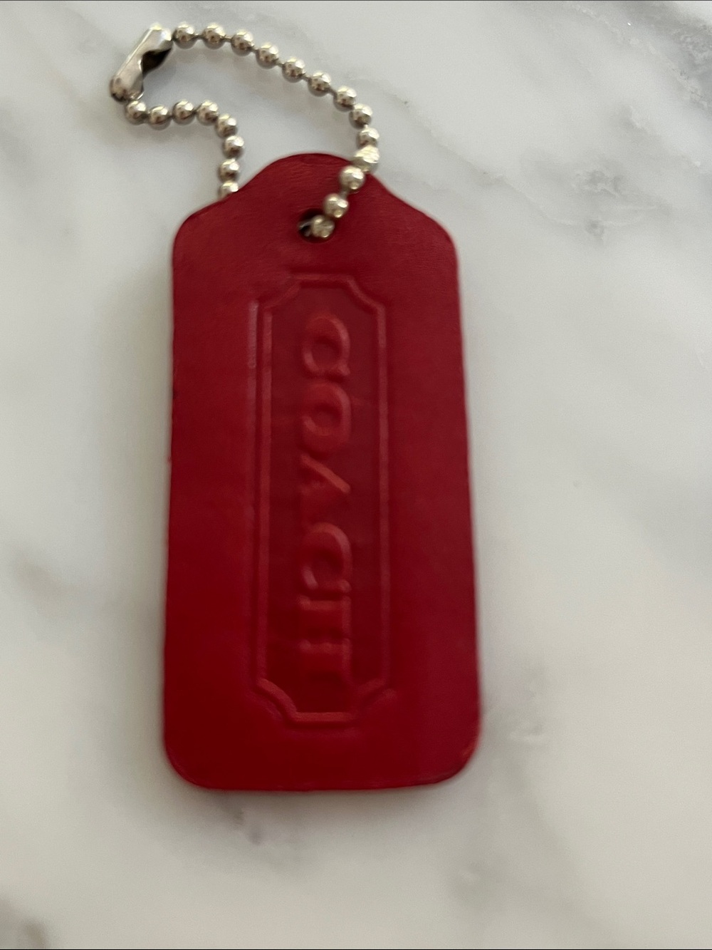 Coach Red Leather Tag Keychain with silver tone Ball Chain
